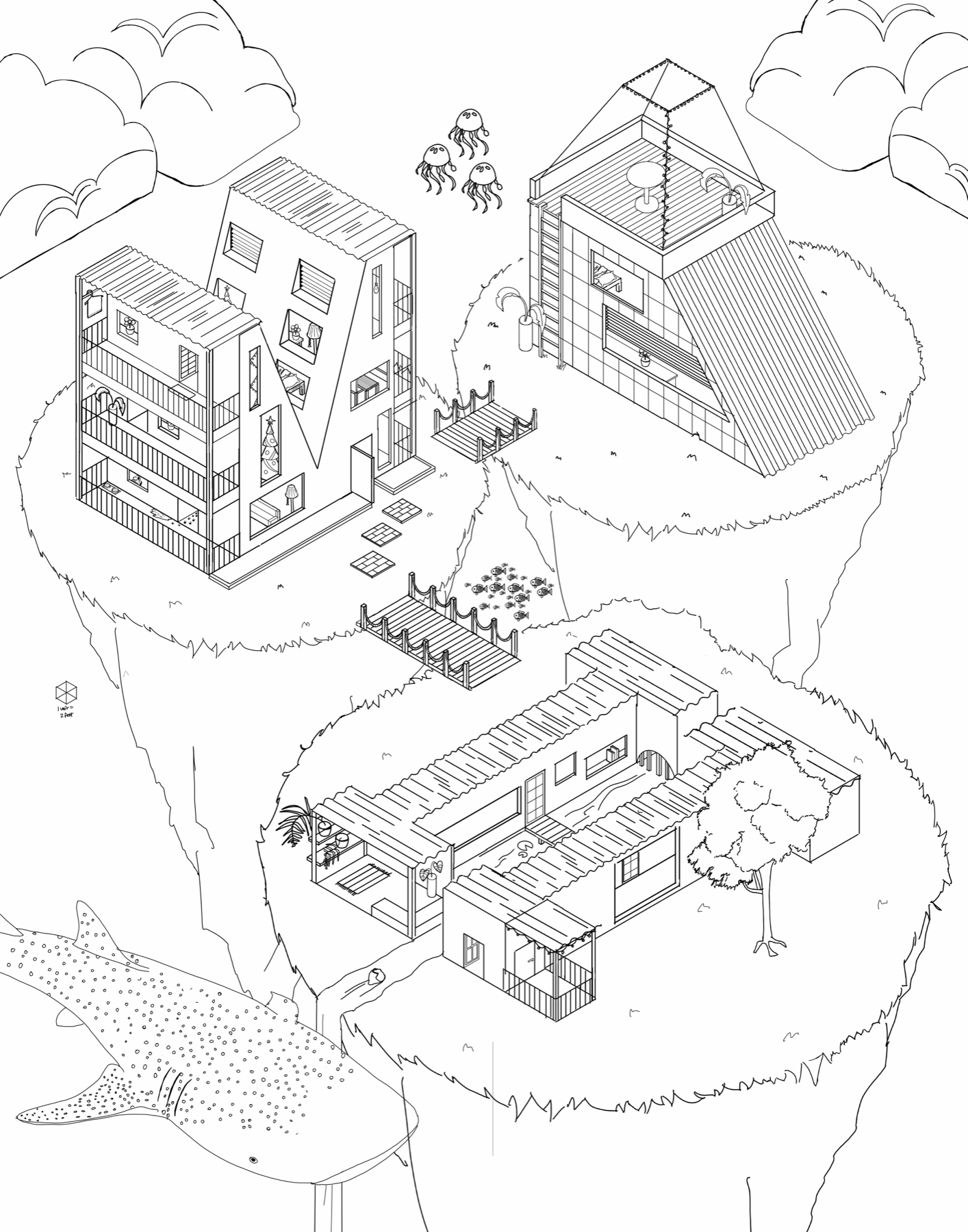 Floating islands isometric drawing with whale shark